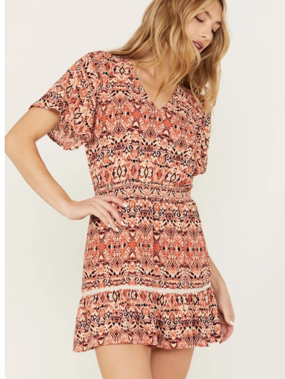 Idyllwind Miranda Lambert Blossom Flutter Sleeve Smocked Mini Dress Maroon
